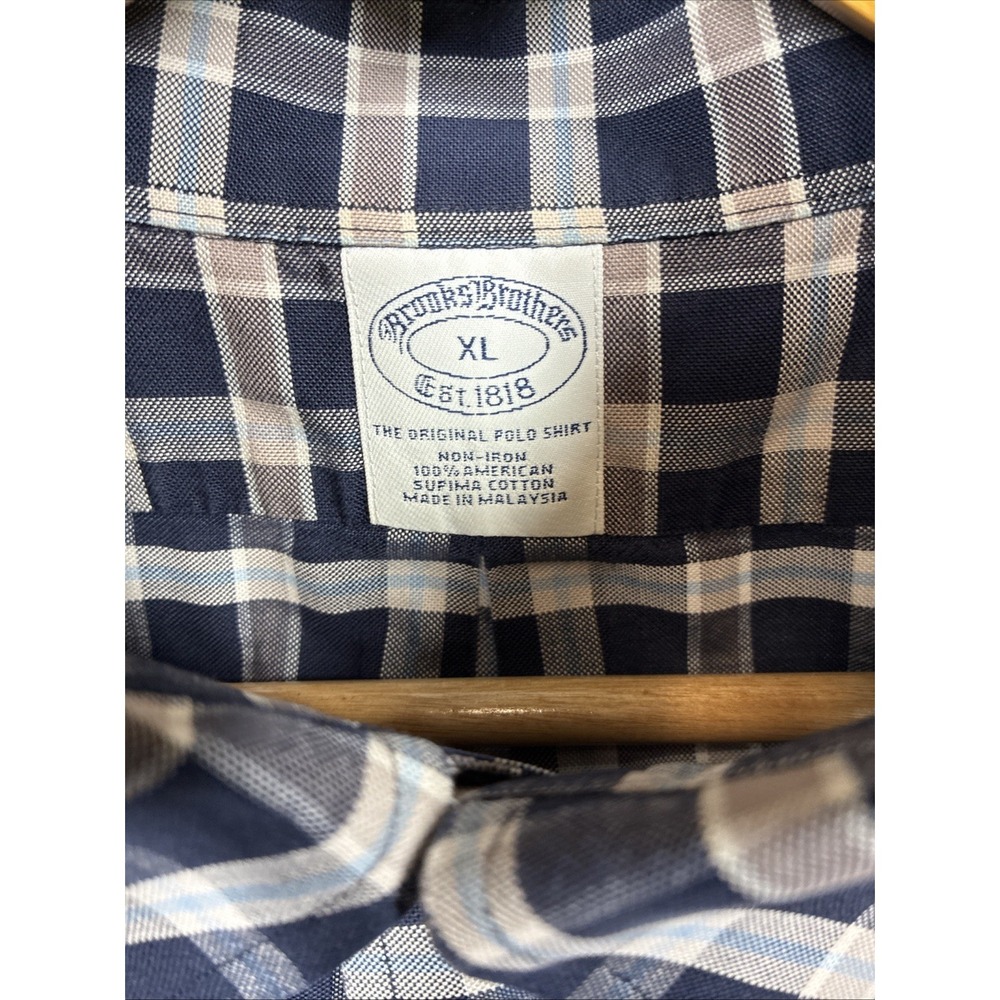 Brooks Brothers 1818 Non-Iron Slim Fit XL Blue Plaid L/S Men's Oxford Logo Check - Picture 4 of 14